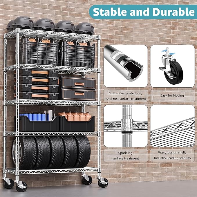 5-Shelf Storage Shelves,Wire Shelving Heavy Duty Metal Storage Shelving Unit Adjustable Garage Shelving Rack Pantry Kitchen (Chrome, 5 Tier,17.7" D x 47.2" W x 76.7" H)-CasaMuseHome