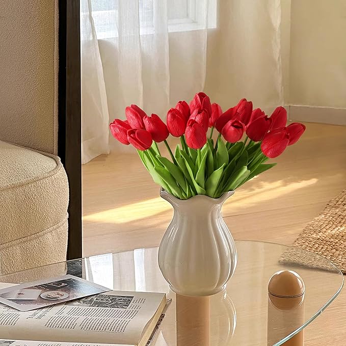 20pcs Red Artificial Tulip Fake Flower 12.9 Inch Spring Mother's Day Easter Gift for Home Kitchen Wedding Decoration-CasaMuseHome