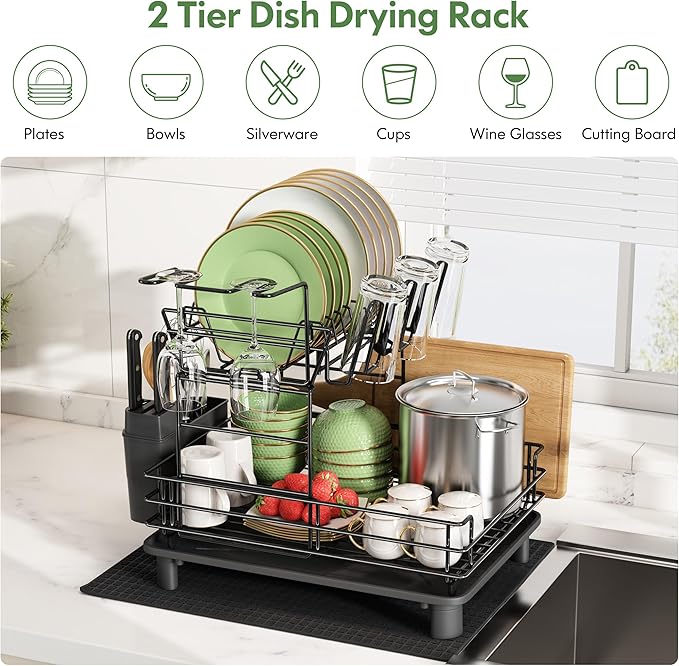2 Tier Black Large Stainless Steel Dish Drainers Drying Rack for Kitchen Counter with Drainboard, Rust Proof Metal, Space Saving, Modern Aesthetic, Compact Plates Strainers with Extra Mat-CasaMuseHome