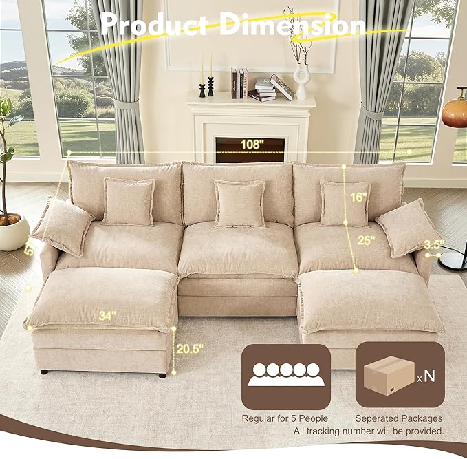108" U Shaped Couch, Modular Sectional Sofa, 3-Seater Comfy Cloud Couch with Movable Ottoman, Deep Seat Couches for Living Room, Chenille, Flat White-CasaMuseHome