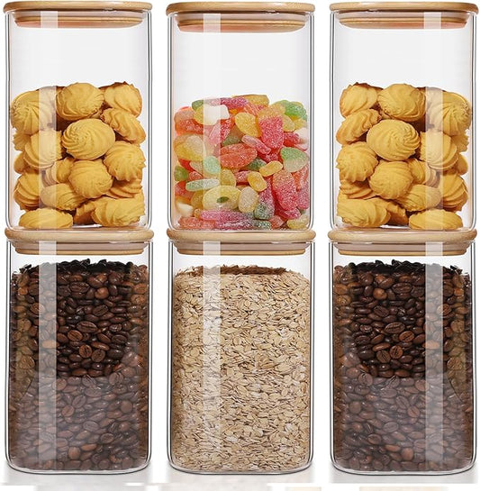 50oz Glass Food Storage Jars Set of 6,Glass Storage Containers Clear Glass Food Canister with Bamboo Lid Airtight For Serving Tea, Coffee, Flour, Sugar, Candy, Cookie, Spice and More (Square)-CasaMuseHome