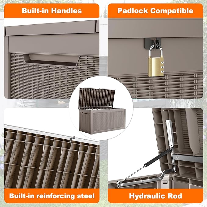 260 Gallon Resin Deck Box, Lockable Patio Outdoor Storage Box for Furniture, Garden Tools and Tools Storage, Waterproof Outside Storage Boxes - Grey-CasaMuseHome