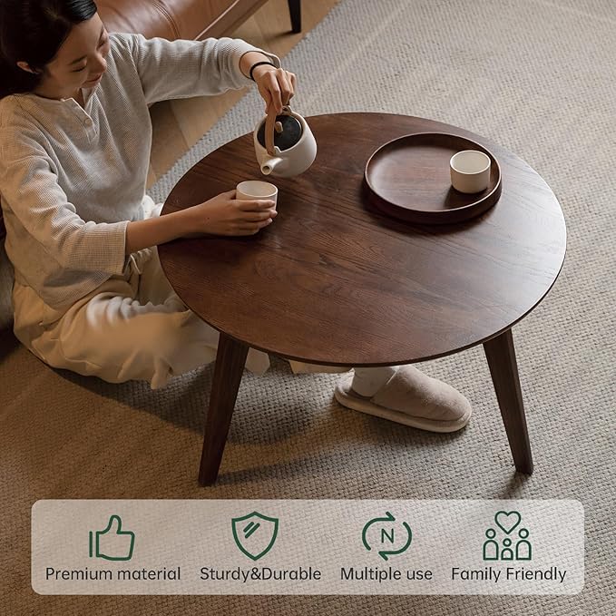 100% Solid Oak Wood Mini Coffee Table, Round Side Table w/Solid Wood Legs, Walnut Mid Century Coffee Table w/Sturdy Frame for Bedroom Balcony Living Room (29.53" D x 17.72" H)-CasaMuseHome