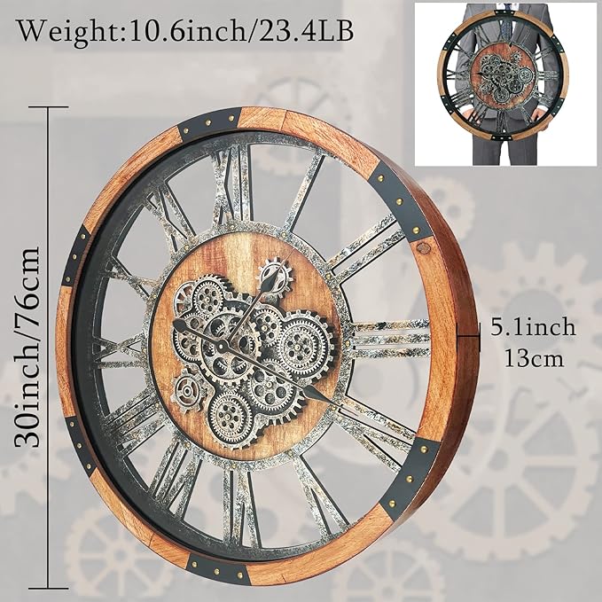 30 Inch Moving Gear Wall Clock, Oversized Wall Clocks, Clock Living Room Decor, Solid Wood Frame, Battery Operated, Large Wall Clock with Steampunk Industrial for Fireplace(Brown)-CasaMuseHome