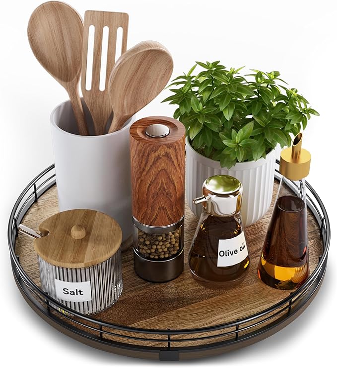 Acacia Wood 12" Lazy Susan Turntable Organizer for Table Top, Farmhouse Round Wooden Lazy Susan for Cabinet Kitchen Centerpieces Coffee Table, for Condiments Spices, Bathroom Vanity Tray Decor-CasaMuseHome