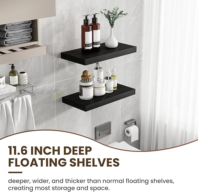 12 Inch Deep Floating Shelves, 24 Inch Long Floating Shelves for Wall, Floating Shelf with Invisible Brackets, Deep Shelves for Bathroom, Bedroom, Living Room, 2 Pack, Black-CasaMuseHome