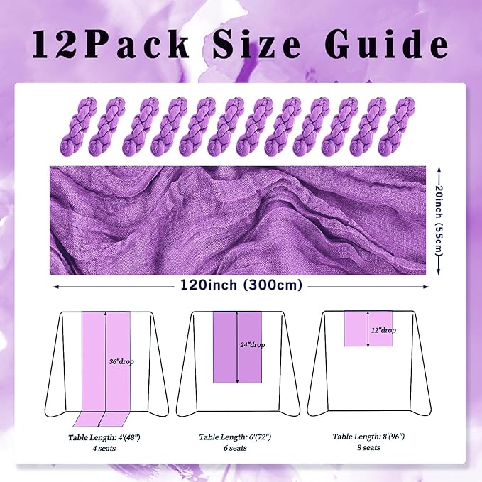 12 Pack Purple Cheesecloth Table Runner 10FT Boho Fabric Rustic Cheese Cloth Table Runner for Wedding Bridal Shower Baby Shower Gauze Sheer Birthday Party Table Decorations 20 x 120 Inch Long-CasaMuseHome
