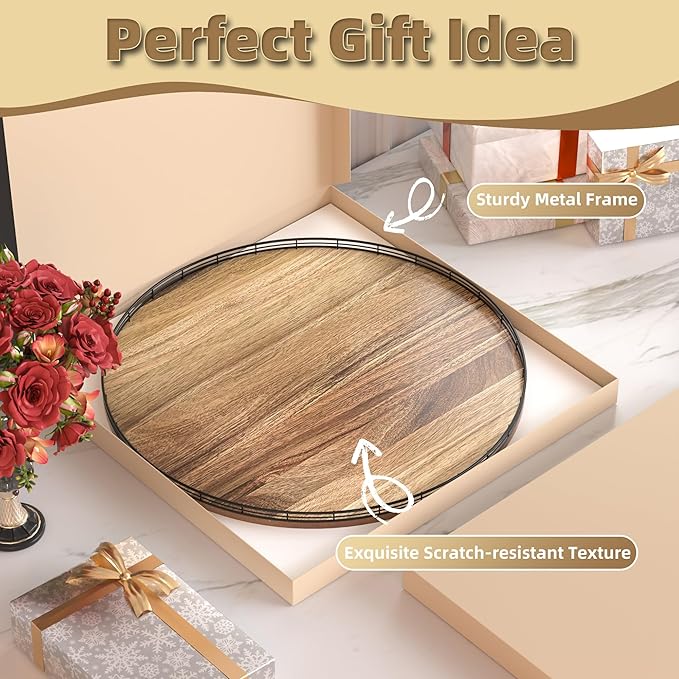 Acacia Wood 24" Lazy Susan Turntable Organizer for Table Top, Farmhouse Extra Large Round Lazy Susan for Serving Kitchen Countertop Cabinet for Charcuterie Centerpiece, Bathroom Vanity Tray Decor-CasaMuseHome