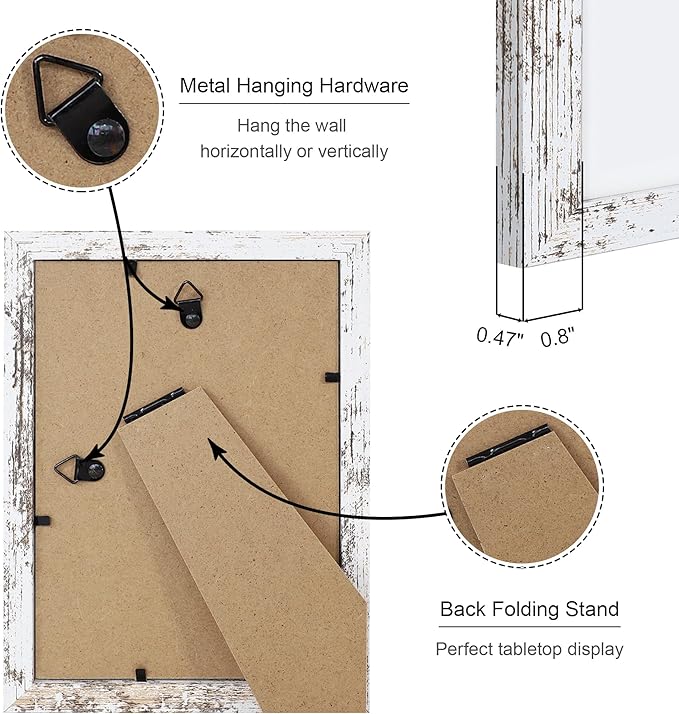 5x7 Picture Frame Set of 4, 5 x 7 Wood Photo Frames with Mat for 4x6, Rustic Natural Wooden Frame with Real Glass Cover for Wall and Tabletop Display,Distressed White-CasaMuseHome