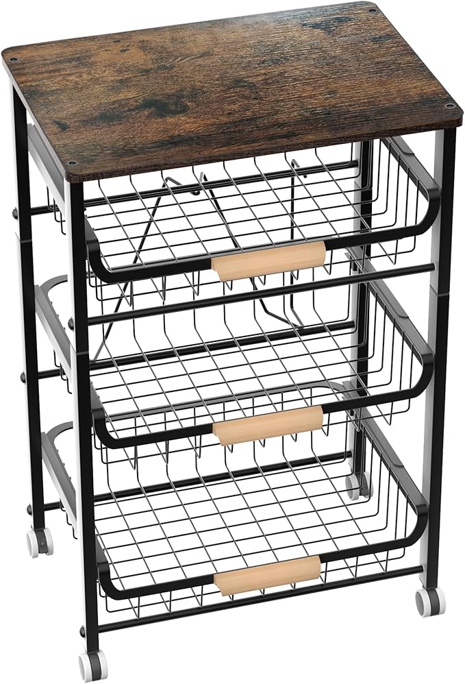 4-Layer Fruit Basket Kitchen Food Organizer and Rack, Stackable Storage Cart with Desktop, Pull-Out Hollow Metal Basket, Sliding Out Storage (Black 4-Layer Rack)-CasaMuseHome