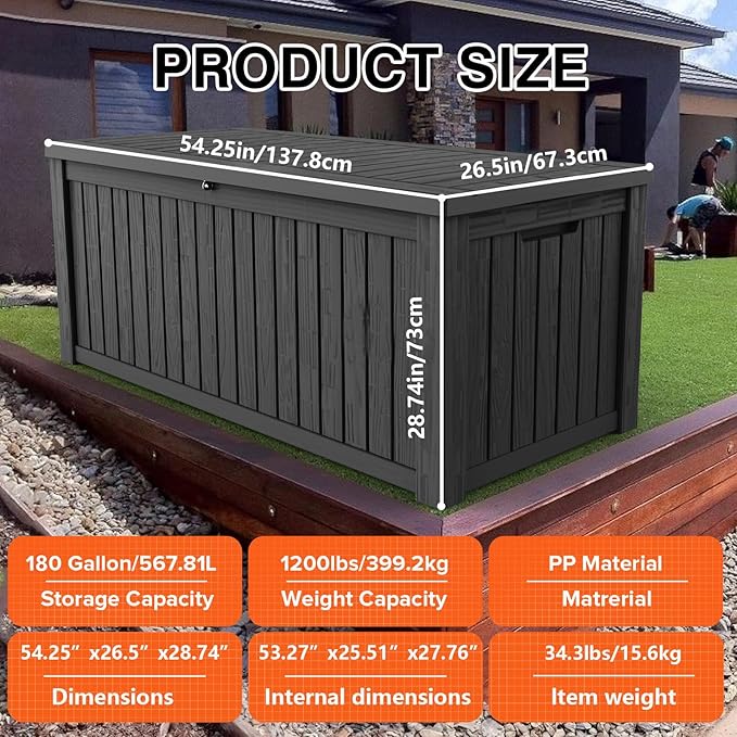 180 Gallon Lockable Resin Deck Box, Waterproof & UV-Resistant Outdoor Storage Box for Outdoor Cushion Storage, Garden Tools & Pool Accessories Storage, Black-CasaMuseHome
