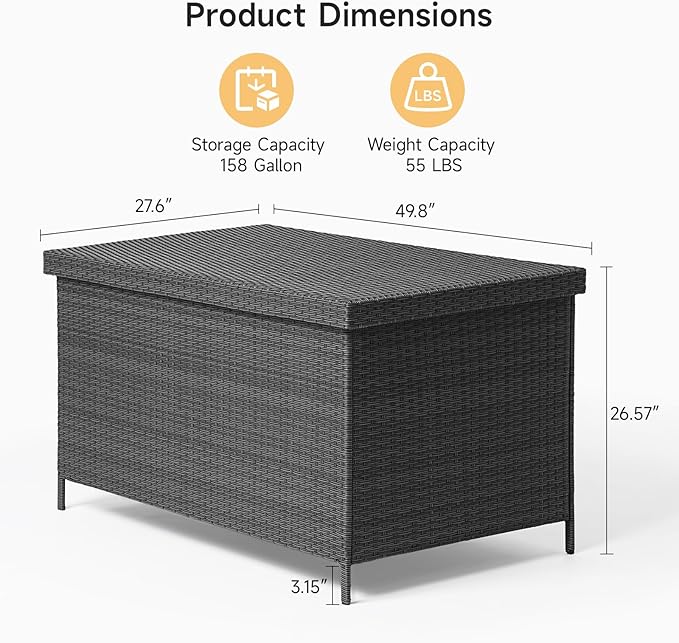 158 Gallon XL Deck Box with Lid, All Weather Wicker Outdoor Storage Box Waterproof, Large Outdoor Patio Storage Bin for Cushions, Garden Tools, Gears, Pool Accessories, Black-CasaMuseHome