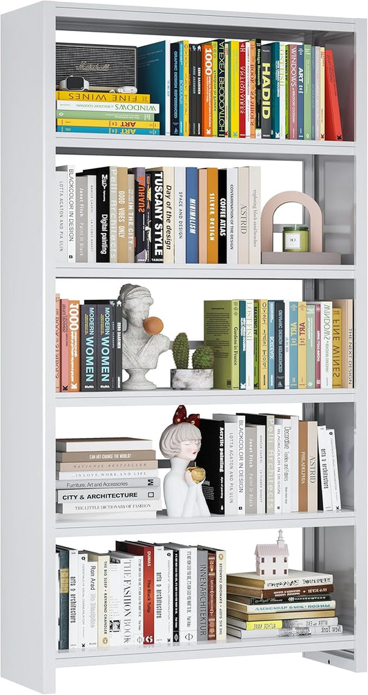 69.3" H Home Office Bookcase Shelf Storage,5 Tier Bookcase with Open Display Shelves,Industrial Wide Bookshelf with Metal Frame for Home Office, Living Room, Bed Room (34.1" W)-CasaMuseHome