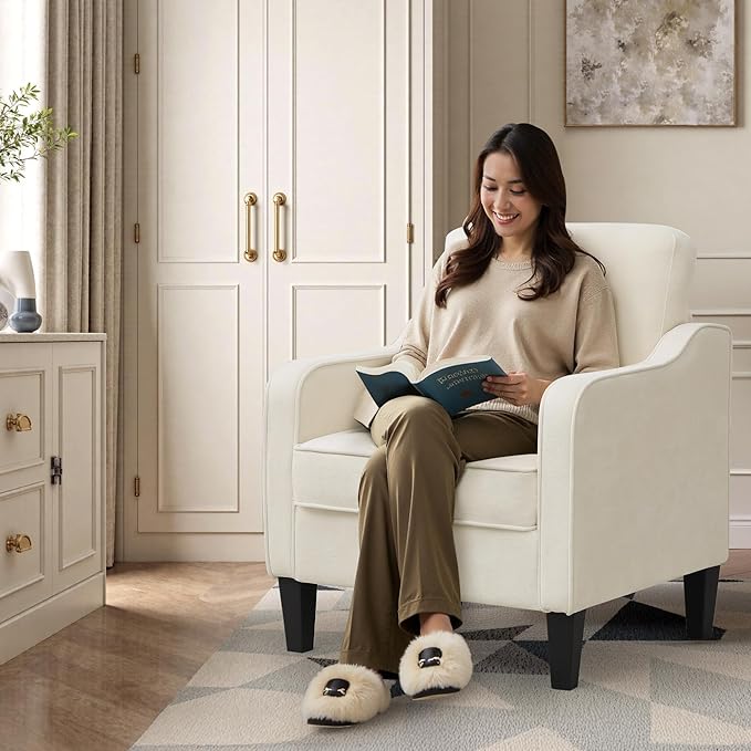 Accent Chairs Set of 2, Upholstered Living Room Chairs with Side Pockets, Mid Century Modern Reading Chair for Bedroom, Comfy Armchair Single Sofa Side Chair for Office, Small Room, Beige-CasaMuseHome