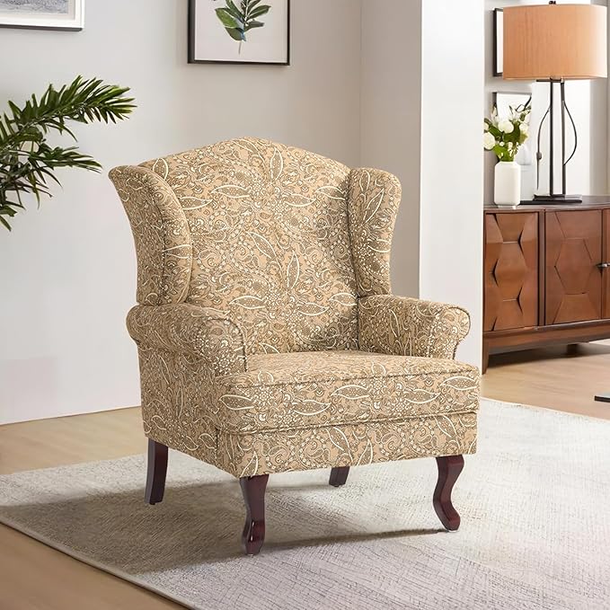 Accent Chair, High Back Upholstered Armchair with High Resilience Sponge & Wood Legs, Mid-Century Modern Comfy Single Sofa Reading Chairs for Living Room, Bedroom (Floral Light Brown, Set of 1)-CasaMuseHome