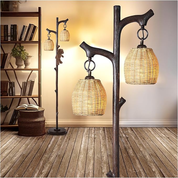 68" High Farmhouse Rustic Country Cottage Floor Lamp Tree Trunk Faux Wood Column Dark Bronze Wicker Drum Shade Decor for Living Room Bedroom Reading Room-CasaMuseHome