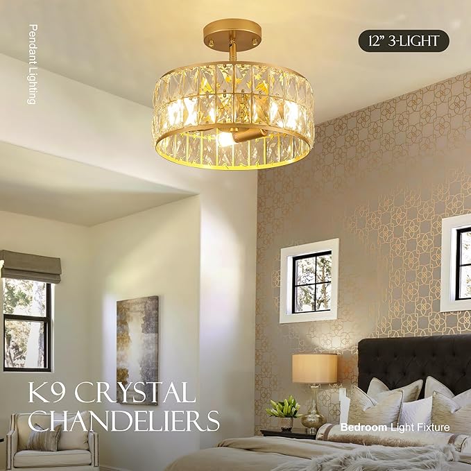 12” 3-Light Modern Crystal Chandeliers Gold Dinning Room Light Fixture, Round Pendant Light Kitchen Island Chandelier, Flush Mount Ceiling Light for Living Room Entryway Bedroom Foyer-CasaMuseHome