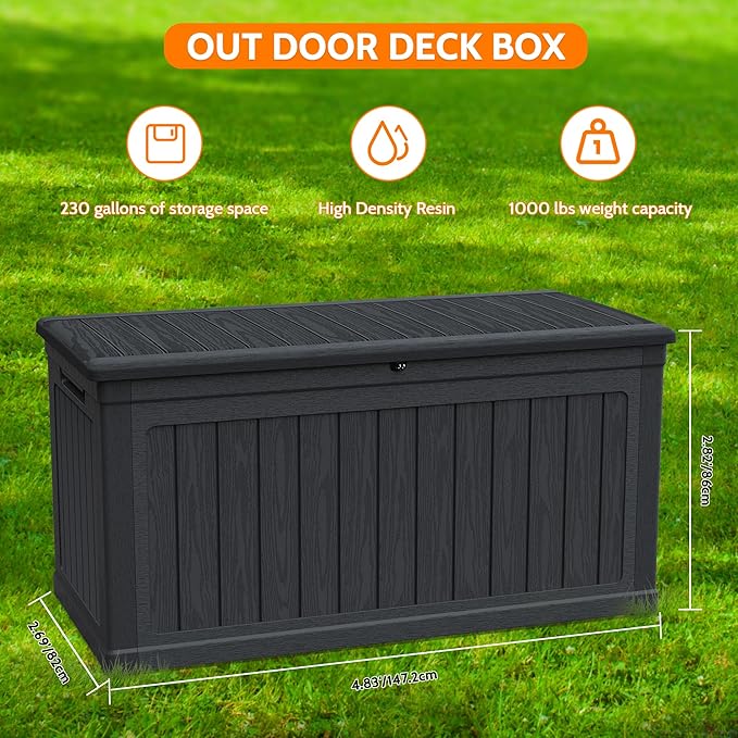 230 Gallon Double-Wall Resin Deck Box - Lockable Waterproof Outdoor Storage Box, 1000lbs Capacity & Doubles as Seating for Patio Furniture - Garden Tools, Pool Accessories (Black)-CasaMuseHome