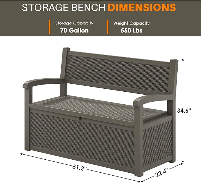 70 Gallon Deck Bench with Storage,Outdoor Storage Box Bench Waterproof&Lockable, Resin Patio Furniture with Armrest for Patio, Porch, Garden,Grey-CasaMuseHome