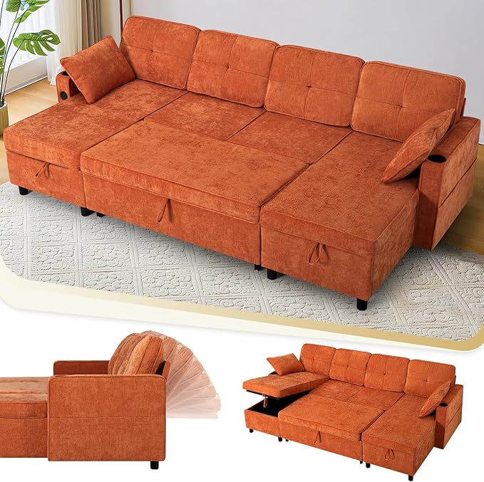 ACMEASE110“ Inches L-Shaped Pull Out Sofa Bed w/Storage Chaise & Adjustable Back, Chenille Sectional Sofa w/USB Port,Tufted Sleeper Couch w/Cup Holders for Living Room, Orange-CasaMuseHome