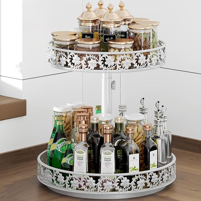 2 Tier Lazy Susan Organizer Turntable Adjustable,12 Inch Two Tier Lazy Susan Metal Easy Assembly Cleaning, Rotating Spice Rack Organizer for Cabinet Dining Table Kitchen Countertop White-CasaMuseHome