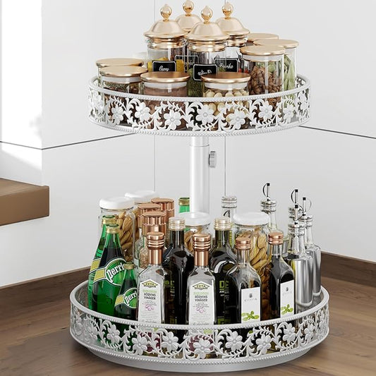 2 Tier Lazy Susan Organizer Turntable Adjustable,12 Inch Two Tier Lazy Susan Metal Easy Assembly Cleaning, Rotating Spice Rack Organizer for Cabinet Dining Table Kitchen Countertop White-CasaMuseHome