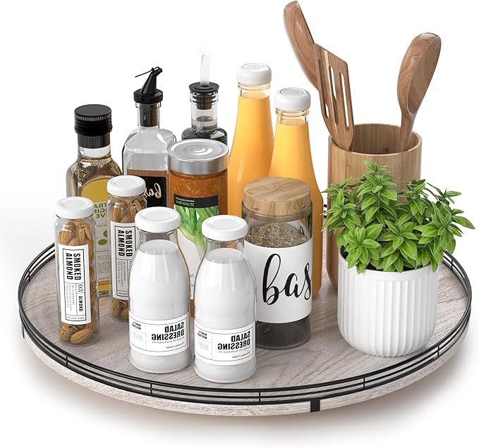 16" Lazy Susan Oak Wood Turntable Organizer for Cabinet, Farmhouse Round Wooden Lazy Susan Organization and Storage for Dining Table, Pantry, Kitchen, Bathroom, Countertop, Cupboard, Kitchen Decor-CasaMuseHome