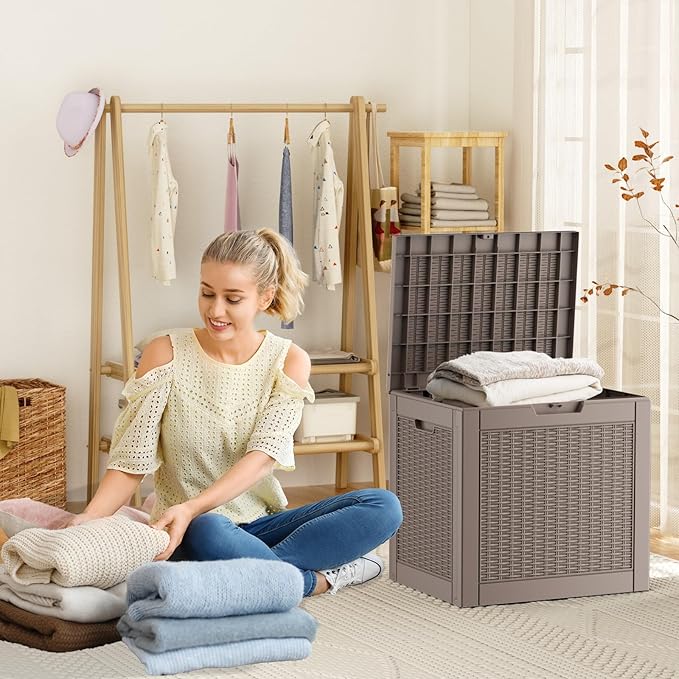 30 Gallon Resin Deck Box, Lockable Patio Outdoor Storage Box for Furniture, Garden Tools and Tools Storage, Waterproof Outside Storage Boxes - Grey-CasaMuseHome