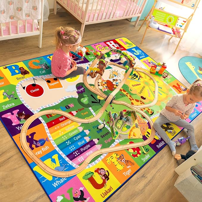 5x7 Playroom Rugs for Kids Washable, Educational and Fun Playmat with ABC Alphabet Animals Shapes Colors, Non-Slip Play Mat Learning Rugs for Baby Toddler Children Game Activity-CasaMuseHome