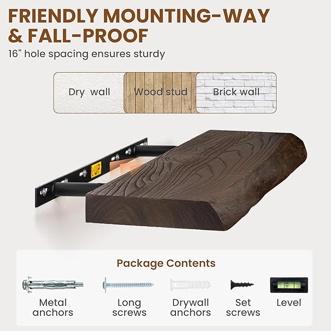 24" Floating Shelves, Live Edge Solid Elm Wood Floating Shelf, Wall Mounted Display Shelves with Heavy-Duty Bracket for Books, Rustic Wooden Shelf for Kitchen, Bathroom, Walnut Color, Set of 2-CasaMuseHome