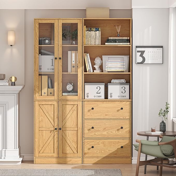 71" Tall Bookshelves Set of 2, Bookcase with Drawers & Bookshelf with Doors, Wooden Bookshelves Floor Standing Display Storage Shelves Home Decor Furniture for Home Office, Living Room,Natural-CasaMuseHome