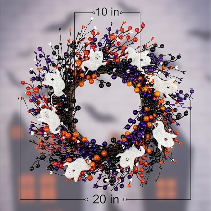 20-Inch Halloween Wreath - Handmade Orange & Black Berry Wreath with Adorable Mini Ghosts, Spooky Front Door Decor for Halloween Party-CasaMuseHome