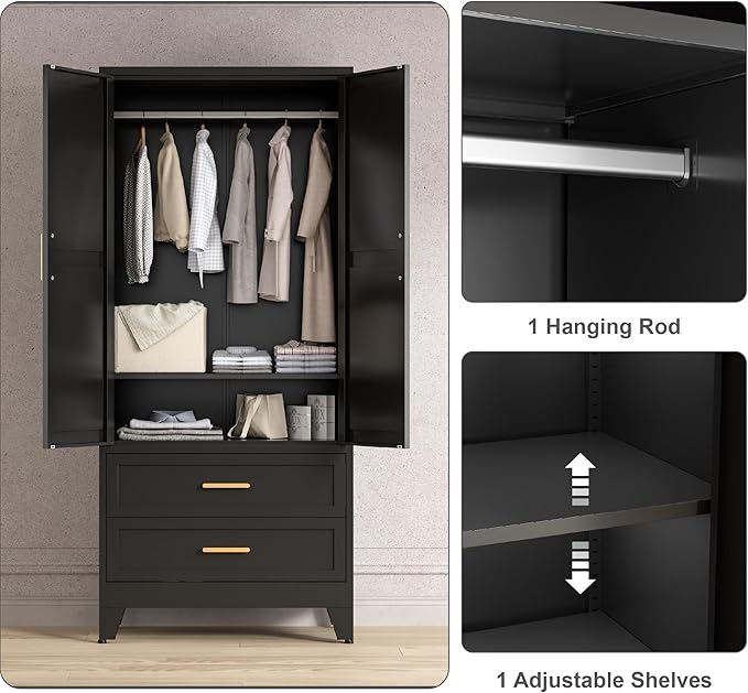 71'' Farmhouse Metal Wardrobe Cabinet with Hanging Rod, 2 Barn Door Wardrobe Closet with Adjustable Shelves,2 Drawer,for Dining Room,Bedroom,Living Room, Cloak Room,Office (Black)-CasaMuseHome