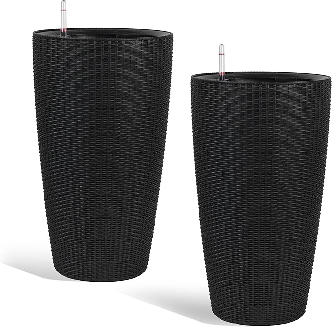 2Pack 22" High Modern Plant Pots Planter-Self-Watering Indoor/Outdoor Planting with Drain Holes, Water Level Monitor, Inner Bucket for Front Porch Patio, Black Rattan Conical-CasaMuseHome