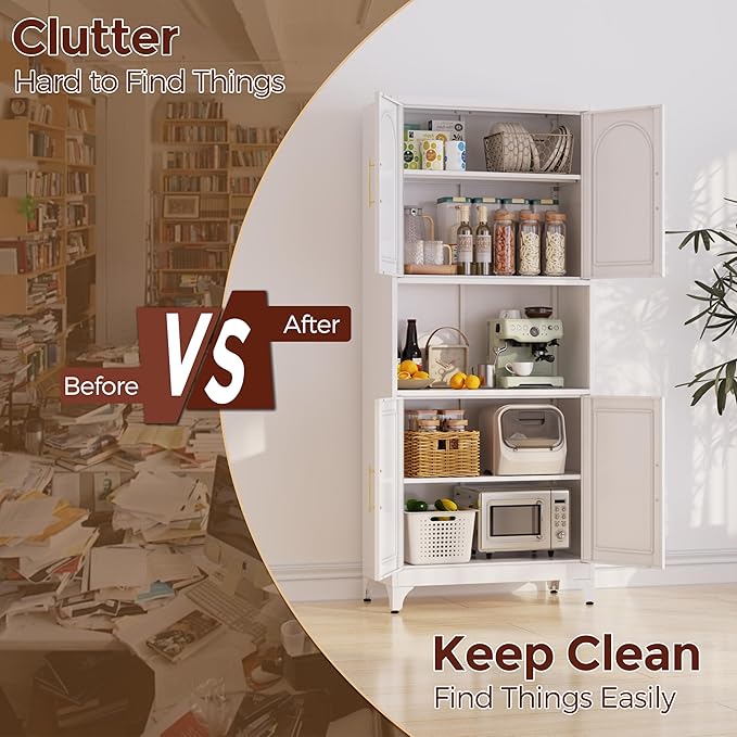 75" Tall Kitchen Pantry Storage Cabinet, Metal Storage Cabinets with 4 Doors and Adjustable Shelves，White Kitchen Hutch Cabinet with Microwave Stand, Large Cupboard for Dining Living Room-CasaMuseHome