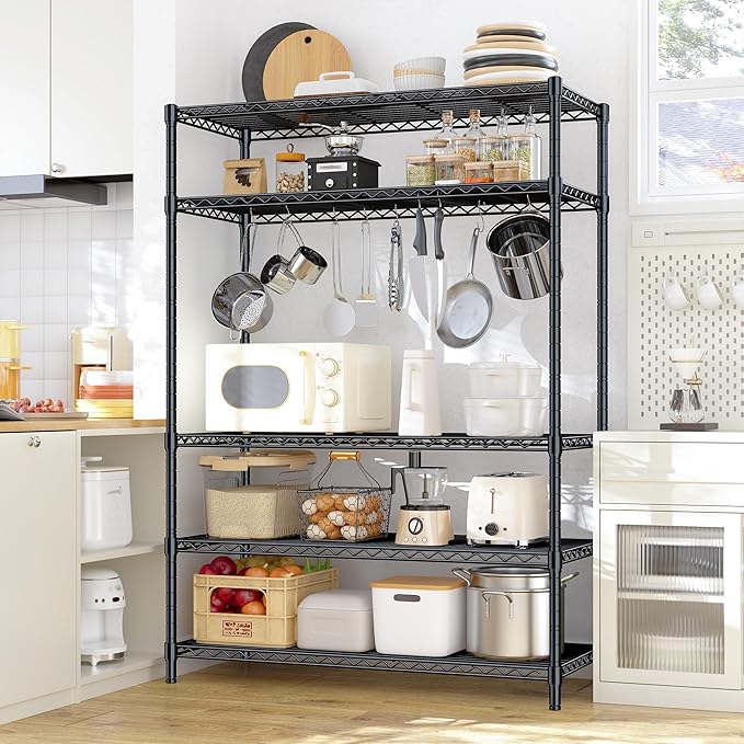 5 Tier Storage Shelves 71"H Wire Shelving Adjustable Metal Shelving,1000LBS Pantry Shelves Sturdy Steel Wire Shelf for Kitchen School Pantry Garage Warehouse ,71"H X35.5"W X13.8"D, Black,2P-CasaMuseHome