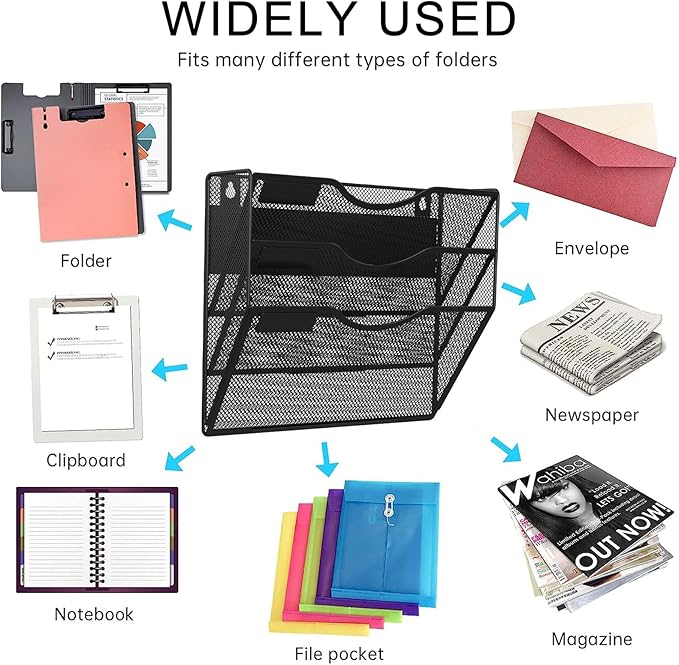 3-Tier Magnetic File Holder, No Drilling Installation File Cabinet Organizer, Black Magnetic File Organizer, Magazine Rack, Magnetic Paper Holder for Refrigerator, File Cabinets, Whiteboard-CasaMuseHome