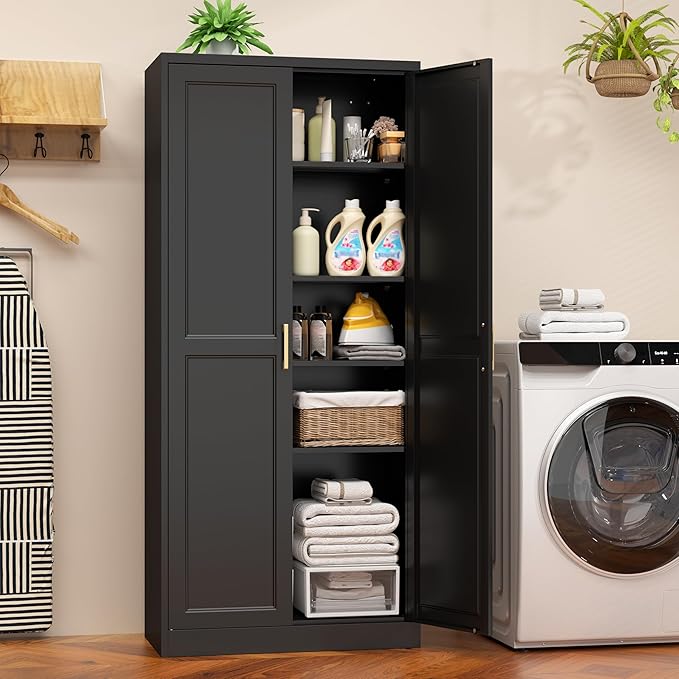 71" Tall Metal Pantry Cabinet, Black Kitchen Pantry Storage Cabinet with 4 Adjustable Shelves and Gold Handles, Cupboard for Kitchen, Dining Room, Living Room, Bathroom-CasaMuseHome