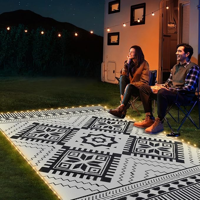 6x9ft Waterproof Outdoor Rug with LED Lights, Boho Reversible Plastic Straw Mat for Patio RV Camping Picnic Balcony Beach Deck Indoor Outdoor Carpet, Black&White-CasaMuseHome