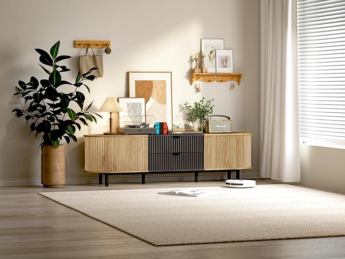 71" Tambour Door TV Stand,Wood Mid Century Modern TV Cabinet for Up to 85“ TV,Curved Edge Long TV Stand with Storage for Bedroom Living Room(Natural, 71inch)-CasaMuseHome