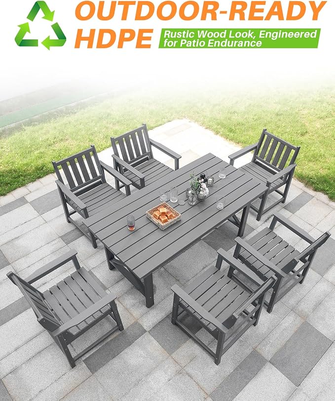 7 Pieces HDPE Outdoor Dining Set, Patio Dining Set with Umbrella Hole, All Weather Outdoor Dining Table Sets for 6, HDPE Patio Furniture Sets for Deck, Backyard, Lawn, and Poolside, Smoke Gray-CasaMuseHome