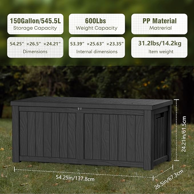 150 Gallon Lockable Resin Deck Box, Waterproof & UV-Resistant Outdoor Storage Box for Outdoor Cushion Storage, Garden Tools & Pool Accessories Storage, Black-CasaMuseHome