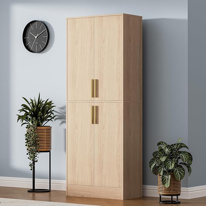 71" Tall Pantry Cabinet with 4 Doors, Kitchen Pantry Storage Cabinet, Freestanding Larder Cupboard, Utility Kitchen Hutch with Gold Handles for Dining Room, Bathroom, Oak-CasaMuseHome