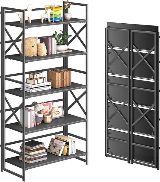 4NM 5 Tiers No Assembly Book Shelves, 51.2" H Folding Bookshelf Bookcase Open Industrial Foldable Shelves for Bedroom, Living Room, Home Office - All Black-CasaMuseHome