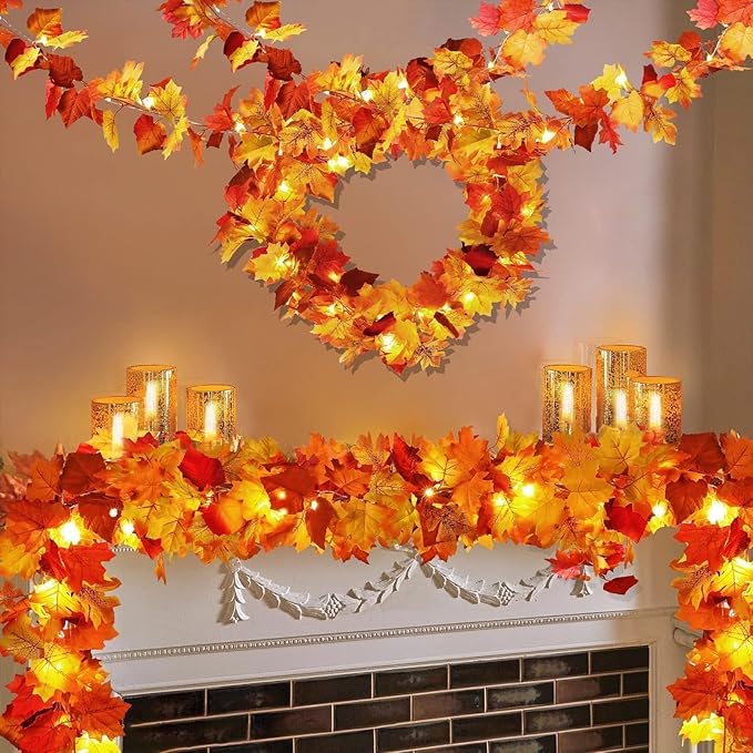 4 Pack Fall Decor Garland - Fall Thanksgiving Decorations for Home - 23.6Ft Maple Leaves Garland with Lights Battery Operated for Mantle Fireplace Table Indoor Outdoor Autumn Halloween Christmas Decor-CasaMuseHome