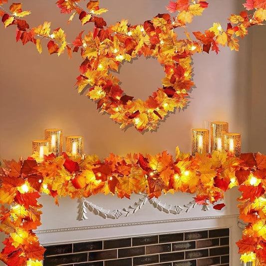 4 Pack Fall Decor Garland - Fall Thanksgiving Decorations for Home - 23.6Ft Maple Leaves Garland with Lights Battery Operated for Mantle Fireplace Table Indoor Outdoor Autumn Halloween Christmas Decor-CasaMuseHome
