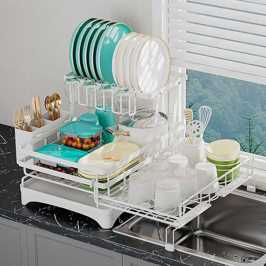 2 Tier Large Dish Drying Rack - Extendable Dish Rack, 2-in-1 Anti-Rust Stainless Steel Dishrack for Kitchen Counter and Sink, Dish Strainer with Utensil Holder & Cup Holder(White)-CasaMuseHome