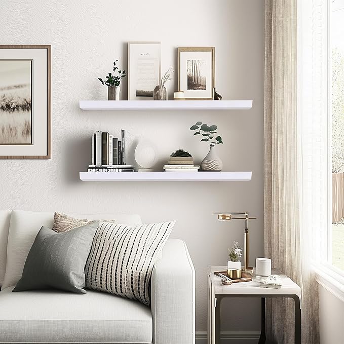24"x6.8"x1.2" Solid Wood Floating Shelves 2-Pack - Rustic White Finish with Hidden Brackets, Perfect for Storage and Décor in Living Room, Kitchen, Bedroom-CasaMuseHome
