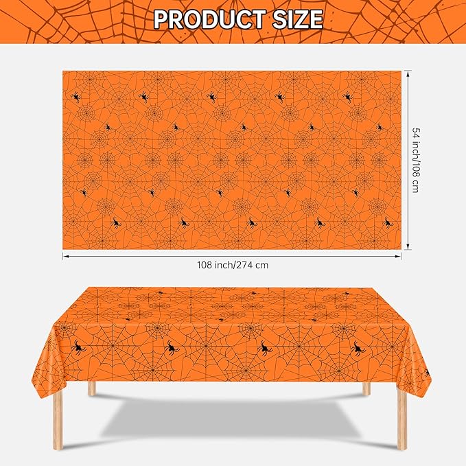2 Pcs Halloween Tablecloth - Plastic Halloweens Spider Webs Table Cloth, Orange Disposable Rectangle Spiderweb Table Cover for Halloween Party Decorations Supplies Favors Tables Decor, 108 x 54 Inch-CasaMuseHome