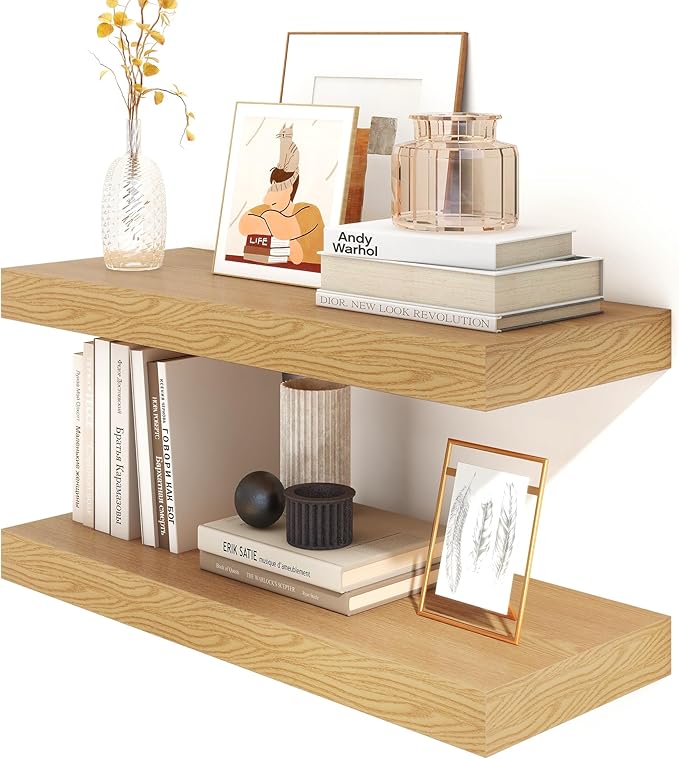12 Inch Deep Floating Shelves | 30W x 12D Rustic Floating Shelves for Wall Set of 2 | Oak Shelves for Living Room Bathroom Laundry Room Bedroom Kitchen Home Office - Oak-CasaMuseHome